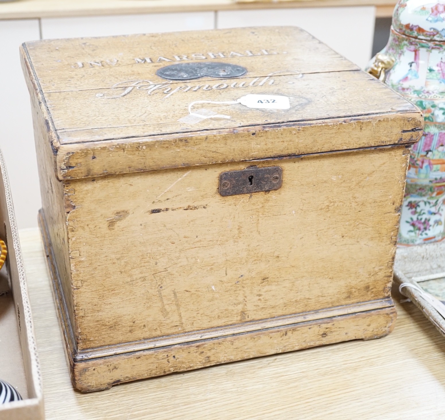 A 19th century square painted pine box inscribed JNo Marshall. Plymouth, 37cms deep x 39cms wide x 30cms high